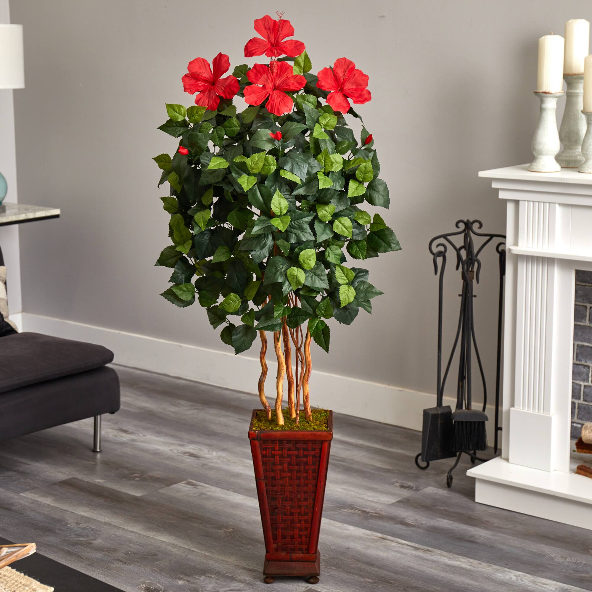 5ft. Red Hibiscus Tree in Decorative Wooden Planter
